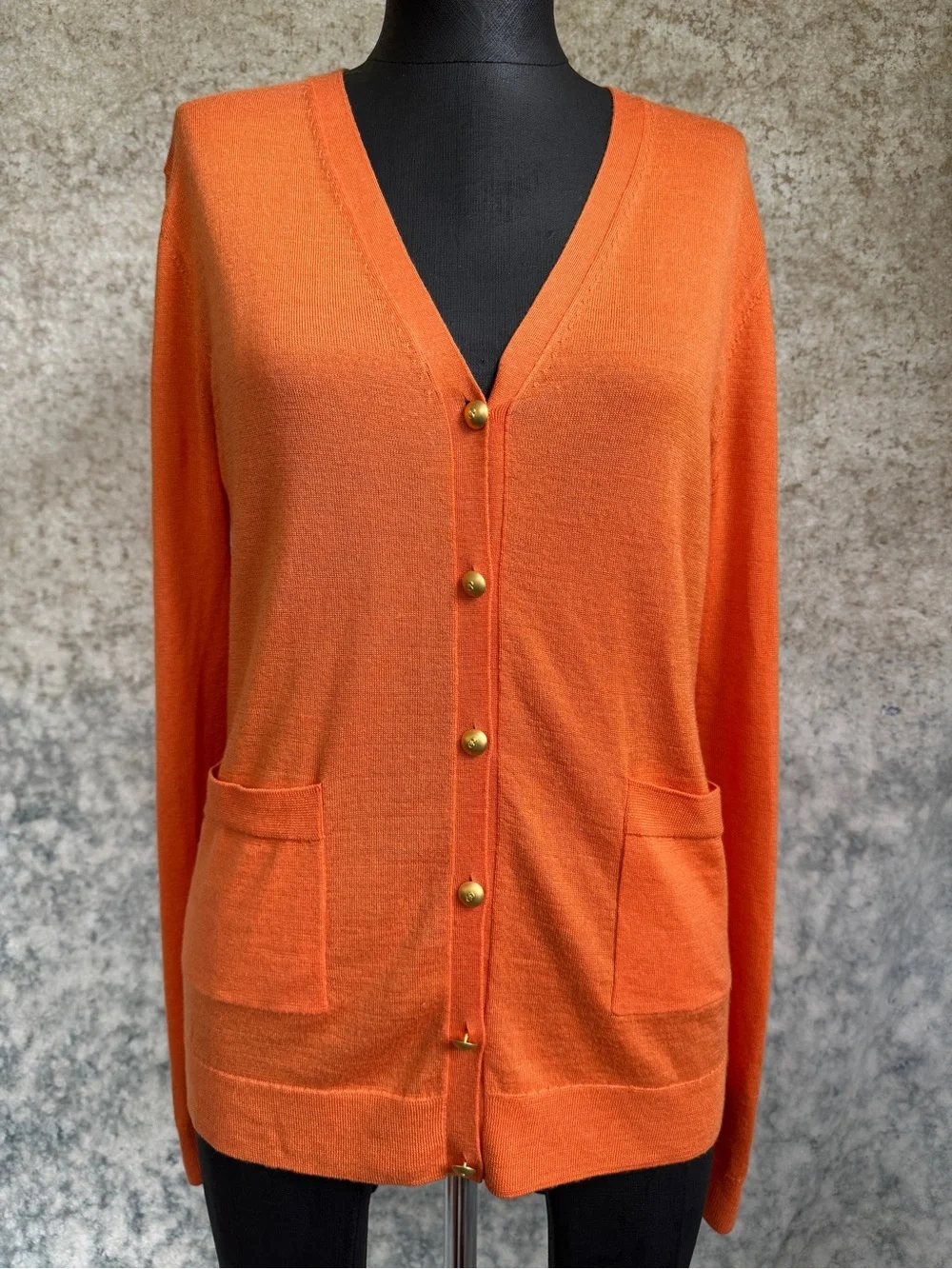St. John Orange Wool & Silk V Neck Cardigan - Small